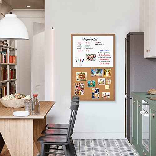 Combination Magnetic Whiteboard Cork Bulletin Board, 24" X 18“ Combo Dry Erase White Board Cork Pin Board for Wall with Natural Wood Frame…