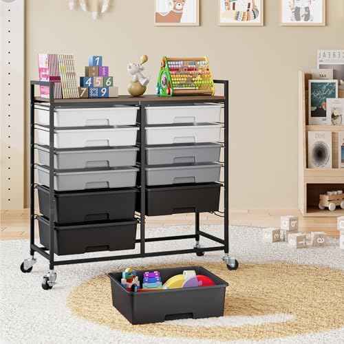 TOOLF 12 Drawers Rolling Storage Cart with Wooden Top for Classroom,Grey