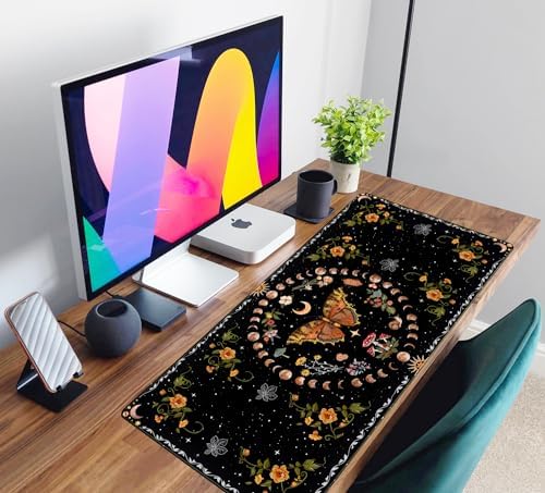 Moth Desk Pad Mushroom Phase Moon Phase Desk Mat, Boho Flowers and