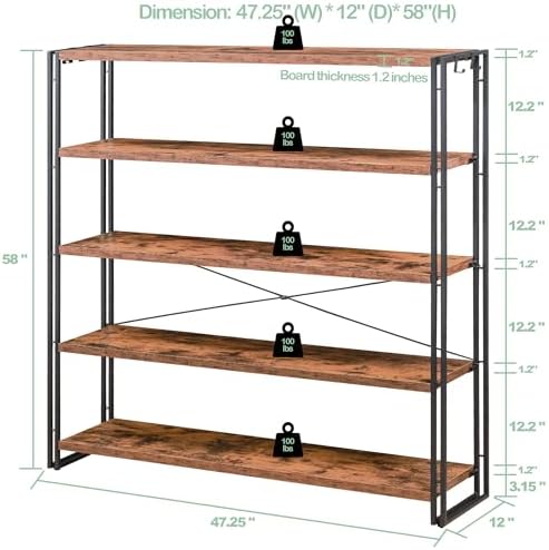 HCHQHS Bookshelf, 5-Tier Industrial Bookcase, Rustic Open Book Shelf