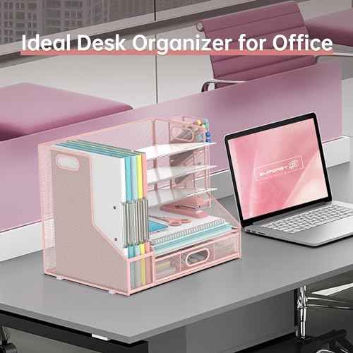 Desk Organizer with 5 Tier File Holder and Sliding Drawer Pen Holder Pink