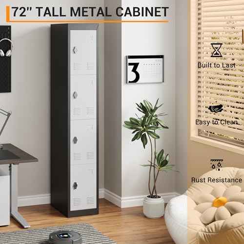 GarveeTech 72’’ Metal Storage Cabinet with 4 Door, Lockers for Employees Students with Shelves, Metal Storage Steel Locker for School Office Gym Home Warehouse, Assembly Required, Grey+Black