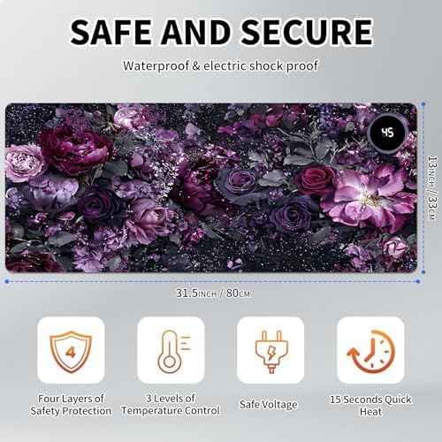 Heated Mouse Pad Hand Warmer, Warm Desk Pad Mousepad Desk Mat with 3 Levels Heating and Auto Shut Down 31.5 x 13 inch PU Leather Warmer Keyboard Mat for Gaming Laptop Office Home, Purple Flower