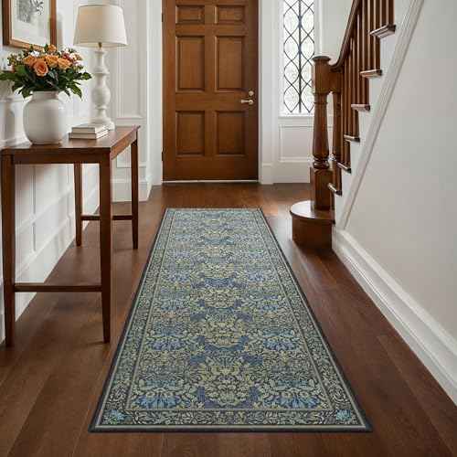 2x6 Runner Rug Non Slip Washable, Vintage Floral Kitchen Rug, Dark Blue