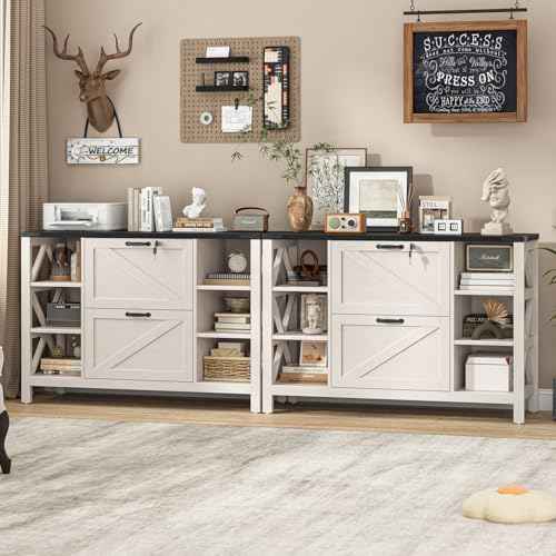Vabches File Cabinet with 2 Drawers, Farmhouse Lateral File Cabinet Fits Files Letter/A4/Legal Size, Wooden Filing Cabinet with 4 Adjustable Shelves Printer Stand for Home Office, White and Black