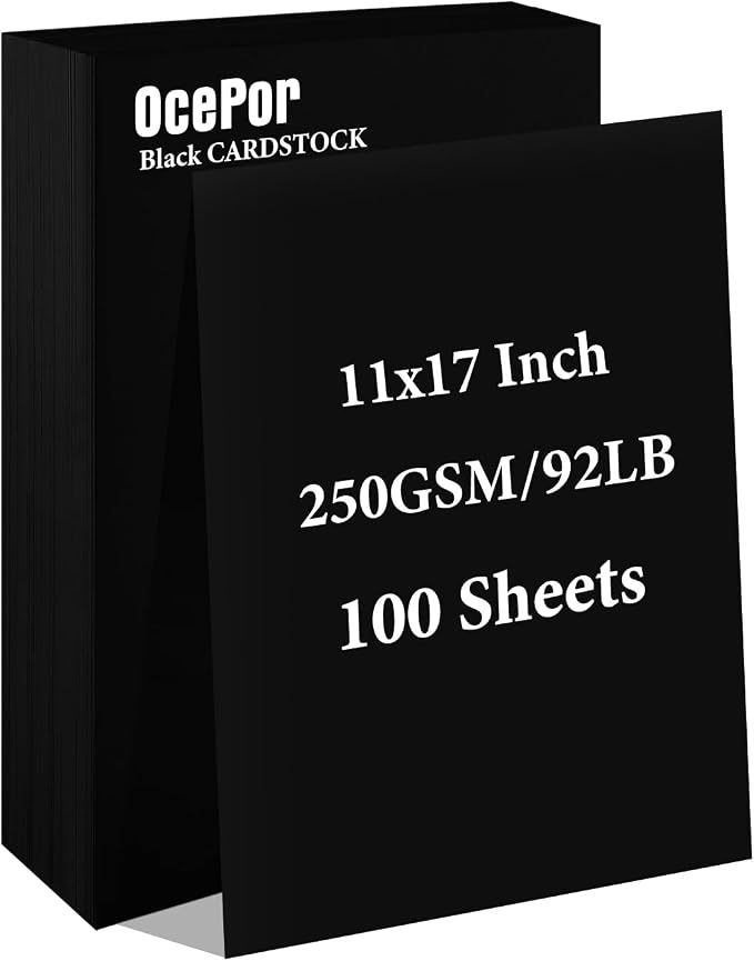 OcePor 100 Sheets Black Cardstock 11” x 17”, 92lb/250gsm Card Stock, Thick Card by OcePor