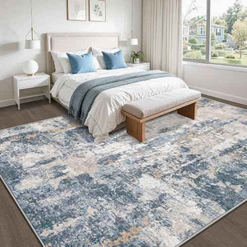 8x10 Area Rugs for Living Room: Washable Abstract Rug Modern Neutral Soft Large Indoor Rugs Non Slip Low Pile Carpet for Bedroom Dining Room Office Children's Room(Blue Brown, 8'x10')