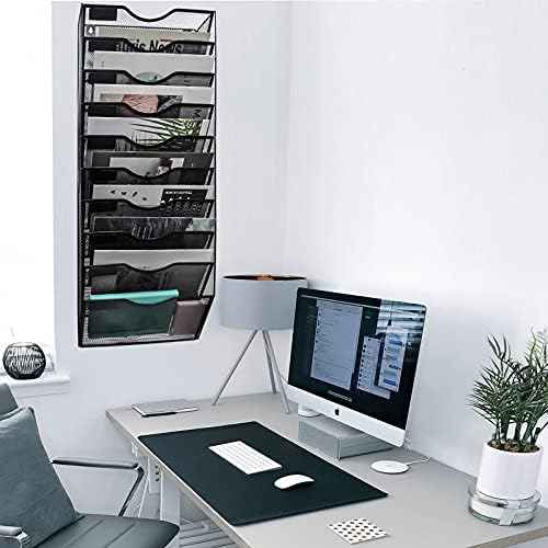 EASEPRES 10 Pocket Mesh Hanging Wall File Organizer, Wall Mounted Mail Paper Document Folder Holder, Clipboard Storage Organization Magazine Rack with Nametag Label for Office Home School, Black