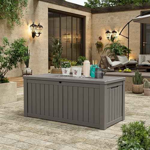KAMABOKO Outdoor Storage Box, 150 Gallon Large Outdoor Resin Deck Box, Storage Waterproof Boxes Lockable Lid for Garden Tools, Pool Supplies, Patio Furniture and Cushions, Grey