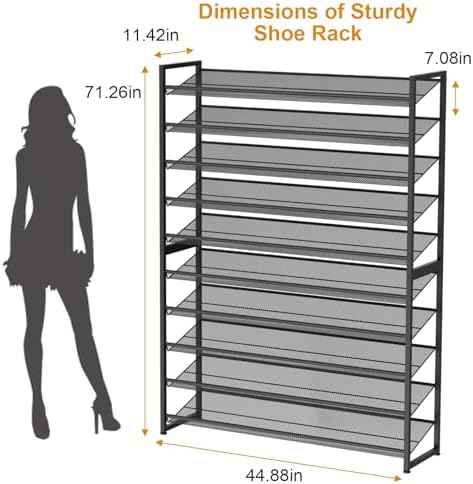 Large Shoe Rack 10 Tier Shoe Organizer, Heavy Duty Metal 5-Tier Stackable Shoe Storage Vertical Shoe Rack for Closet Front Door Entrance, Up to 62 Pairs, 44.8" W x 11.4" D x 71.2" H, Black