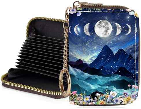 Credit Card Holder for Women,Small Rfid Wallet with Keychain Zipper,Cute PU Leather Card Case Wallet，Accordion Credit Card Wallets Gift,Moon Mountains
