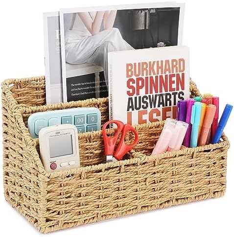 Woven Mail Organizer for Desk Countertop, Desktop Mail Holder Sorter Storage Basket with Envelope Letter File Compartments