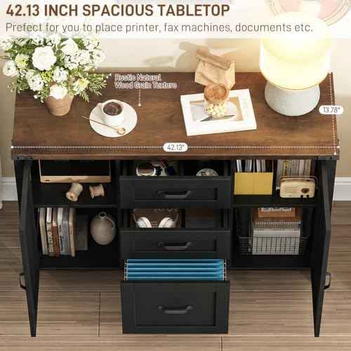 Vabches File Cabinet with 3 Drawers, Farmhouse Lateral File Cabinet Fits Files Letter/A4 Size, Wooden Filing Cabinet with Door and Adjustable Shelves Printer Stand for Home Office, Dark Brown