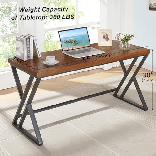 55" Solid Wood Computer Desk, Natural Real Wood Home Office Desk