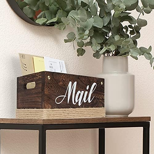 J JACKCUBE DESIGN Rustic Torched Wooden Tabletop Mail Organizer Box, Decorative Letter, Bill Storage Holder Sorter Box with Handles for Countertop, Office Desk, Entryways- MK1051A (Rustic Wood)