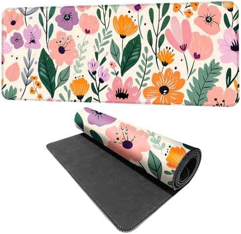 Floral Mouse Pad XXL – Large Extended Desk Mat with Cute Hand-Drawn Flowers,Non-Slip Mousepad for Office, School, Workstation, Gift for Women & Teens, 31.5 x 11.8 in