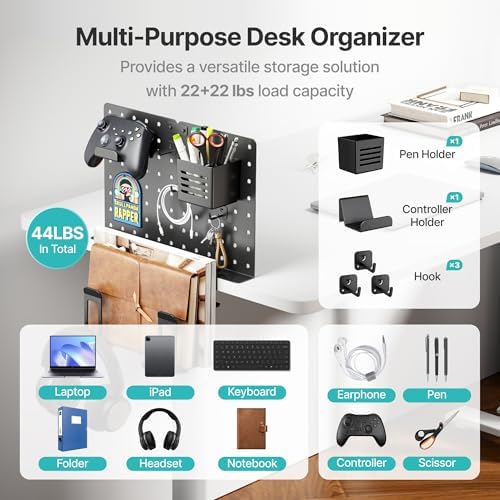 PEGZONE Clamp on Desk Pegboard Shelf, with 2-Slot Under Desk Laptop Holder