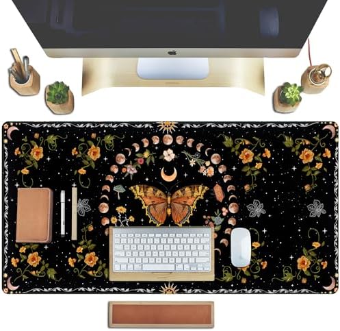 Moth Desk Pad Mushroom Phase Moon Phase Desk Mat, Boho Flowers and