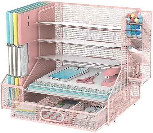 Desk Organizer with 5 Tier File Holder and Sliding Drawer Pen Holder Pink