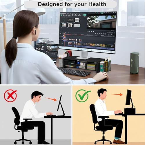 Qupui Computer Monitor Stand Riser with Drawer and Pen Holders, Desk
