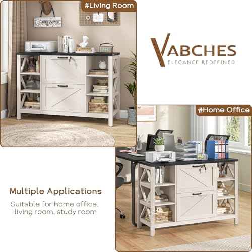 Vabches File Cabinet with 2 Drawers, Farmhouse Lateral File Cabinet Fits Files Letter/A4/Legal Size, Wooden Filing Cabinet with 4 Adjustable Shelves Printer Stand for Home Office, White and Black