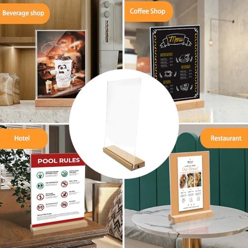 8.5 x 11 Acrylic Sign Holder with Wood Base 5 Pack L/T Shape Vertical or Slant Back Display for Wedding, Restaurant, Office, Hotel