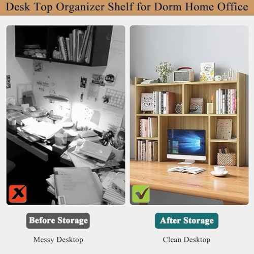 Desk Hutch for Dorm,Wooden Desktop Bookshelf with Storage Display Rack,Freestanding Bookcase for Computer Desk,Desk Top Organizer Shelf for Home Office (White, 31.5″W×7.9″D×35.4″H)