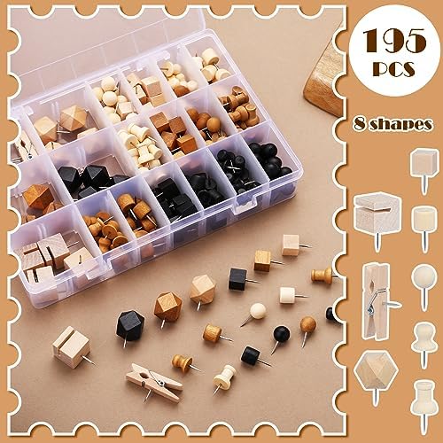 196 PCS Wooden Push Pins Thumb Tacks Decorative Push Pins for Cork Board