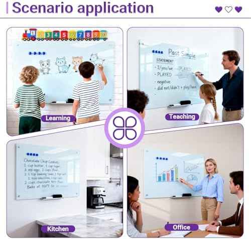 Magnetic Glass Whiteboard - 36” x 24” Glass Dry Erase Board for wall, Frameless Glass WhiteBoard for Office, Home & School