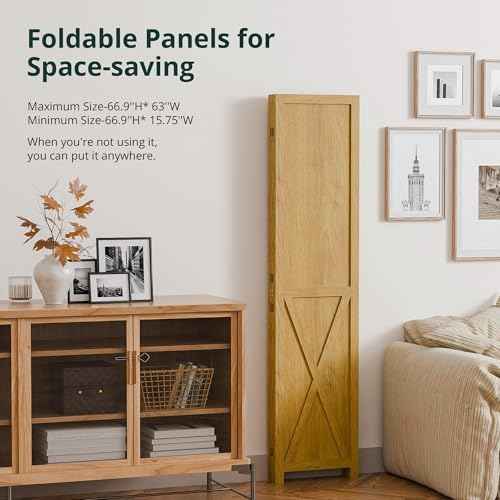 Cozy Castle 4 Panel Folding Room Divider, Solid Wood Privacy Screen, Freestanding Partition Wall, Temporary Wall for Home/Office/Bedroom/Restaurant, Natural