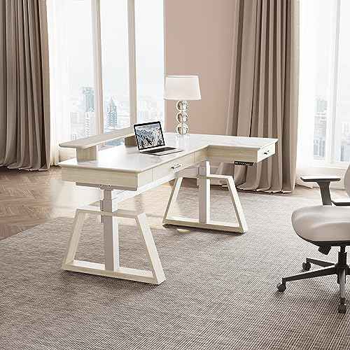 EUREKA ERGONOMIC Electric Standing Desk with Dual Drawers,63 Inches Height Adjustable L-Shaped Office Desk,Sit Stand Desk Ergonomic Executive Desk Computer Workstations with Monitor Stand,Right/White
