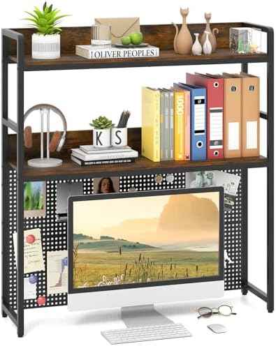 Giantex Desktop Bookshelf, 2-Tier Desk Hutch Dorm with Pegboard for up to 32" Computer Monitor, Industrial Countertop Storage Organizer Rack, Desk Shelf for Home Office, Rustic Brown