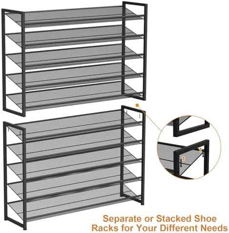 Large Shoe Rack 10 Tier Shoe Organizer, Heavy Duty Metal 5-Tier Stackable Shoe Storage Vertical Shoe Rack for Closet Front Door Entrance, Up to 62 Pairs, 44.8" W x 11.4" D x 71.2" H, Black