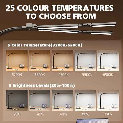 LED Desk Lamp for Home Office - 24W Bright Double Head Desk Light with Clamp Eye Caring Architect Task Light 25 Lighting Modes Adjustable Flexible Gooseneck Lamp (All Black)