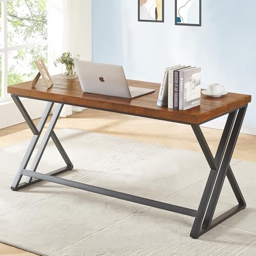 55" Solid Wood Computer Desk, Natural Real Wood Home Office Desk