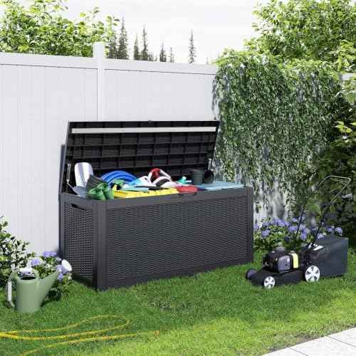 PatioZen 150 Gallon Resin Deck Box, Lockable Patio Outdoor Storage Box for Furniture, Garden Tools and Tools Storage, Waterproof Outside Storage Boxes - Black