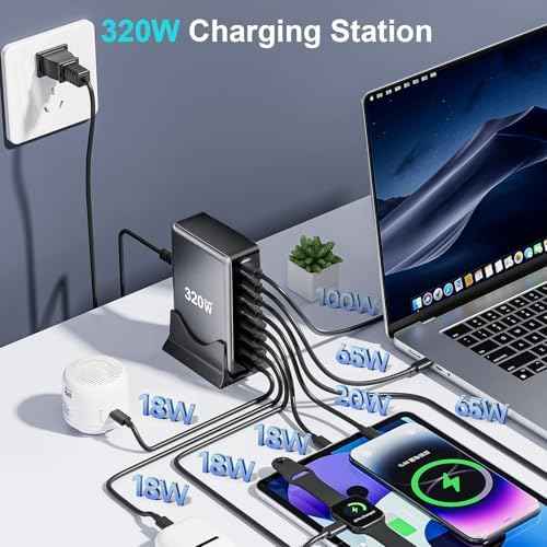 320W USB C Fast Charger Block, Multi-port USB Charging Station, GaN Ⅲ Double 100W PD PPS Port Fast Charging Station for Multiple Devices,Laptop Wall Charger Compatible with MacBook, iPhone 17,iPad etc