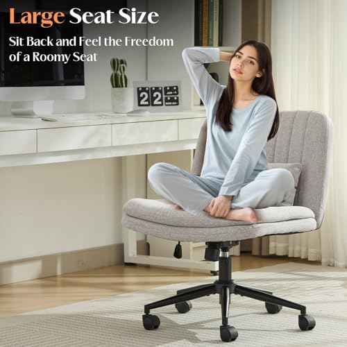 Criss Cross Chair with Wheels, Comfy Armless Cross Legged Office Chair with Wide Seat, Double-Thick Cushion, Pillow, Adjustable Swivel Computer Task Vanity Home Office Desk Chair (Gray, with Wheels)