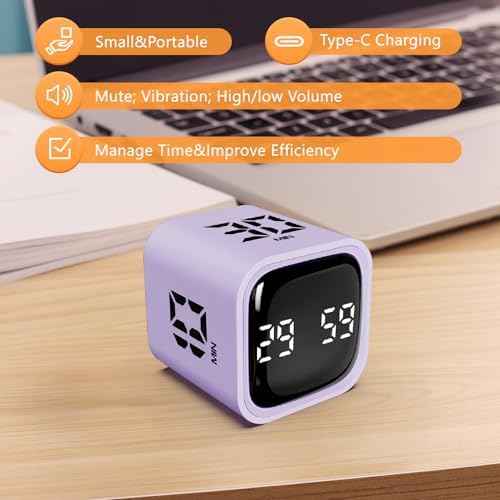 GuDoQi Multi-Function Cube Timer, 5/10/30/60 Min & Custom Count Down, Included Pause & Resume Feature, Silent, Vibrate & Adjustable Sound Alarm for Productivity in Tasks, Study & Kitchen, Purple
