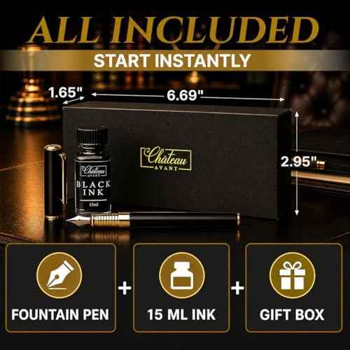 Château Avant Fountain Pen Set | Refillable Black Fountain Pen with Black Ink Bottle, Fine Nib, and Converter | Smooth Writing Gift Set for Beginners, Men, and Women