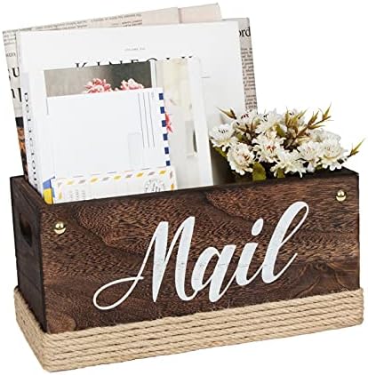 J JACKCUBE DESIGN Rustic Torched Wooden Tabletop Mail Organizer Box, Decorative Letter, Bill Storage Holder Sorter Box with Handles for Countertop, Office Desk, Entryways- MK1051A (Rustic Wood)