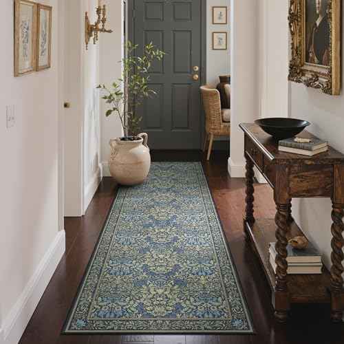 2x6 Runner Rug Non Slip Washable, Vintage Floral Kitchen Rug, Dark Blue