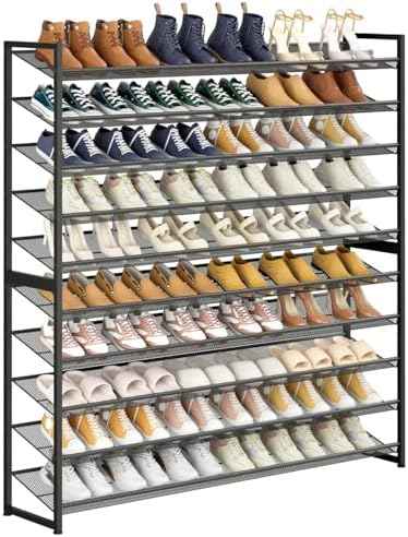 Large Shoe Rack 10 Tier Shoe Organizer, Heavy Duty Metal 5-Tier Stackable Shoe Storage Vertical Shoe Rack for Closet Front Door Entrance, Up to 62 Pairs, 44.8" W x 11.4" D x 71.2" H, Black
