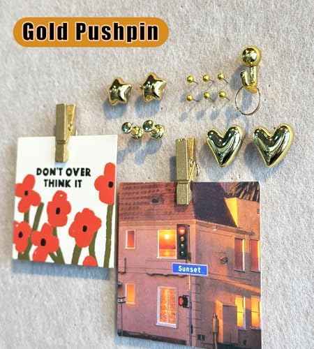 KEYDUACU 150 Pcs Gold Push Pins Set, Metal Thumb Tacks, Decorative Push Pins for Cork Board with Hook Clip, 6 Style Office Accessories for Map