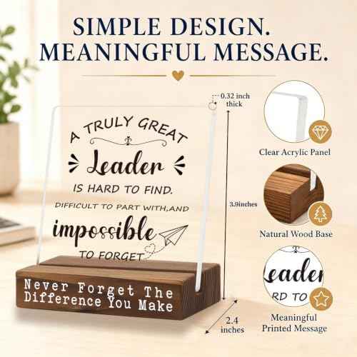 Leader Appreciation Thank You Desk Sign, Inspirational Gift for Boss Manager Supervisor, Motivational Office Decor for Women Men, Uplifting Recognition Plaque for Retirement Birthday EC334