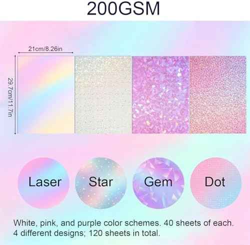120 Sheets Holographic Cardstock Metallic Shiny Iridescent Mirror Paper