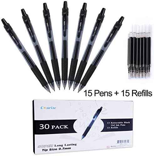 30 Pack Black Gel Pens, Retractable Medium Point Gel Ink Pens Smooth Writing for School Office Home, Comfort Grip(15 Pens with 15 Refills)