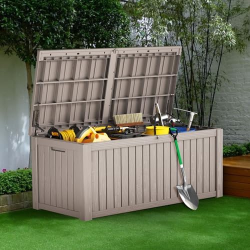 Outdoor Storage Box Waterproof, 180 Gallon Lockable Resin Deck Box Large, Patio Storage Bin for Pool Accessories Cushion Furniture, Garden Tools, UV-Resistant Outside Delivery Grey