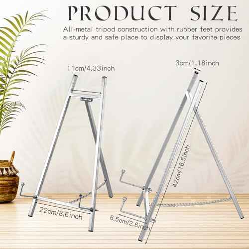 Leinuosen Metal Easel Stand 16.5" H x 8.7" W x 4.3" D Table Top Easel Stand for Display Tripod Art Picture Mirror Modern Plate Holder for Display Book Photo Wedding Sign(Silver)
