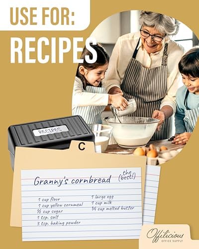 OFFILICIOUS Index Card Box 3x5 - Recipe Box with Manila Dividers &